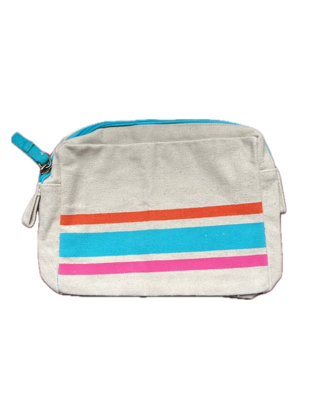 Vibes and Beyond Natural Canvas Stripe Cosmetic Pouch - Turquoise, Pink & Orange